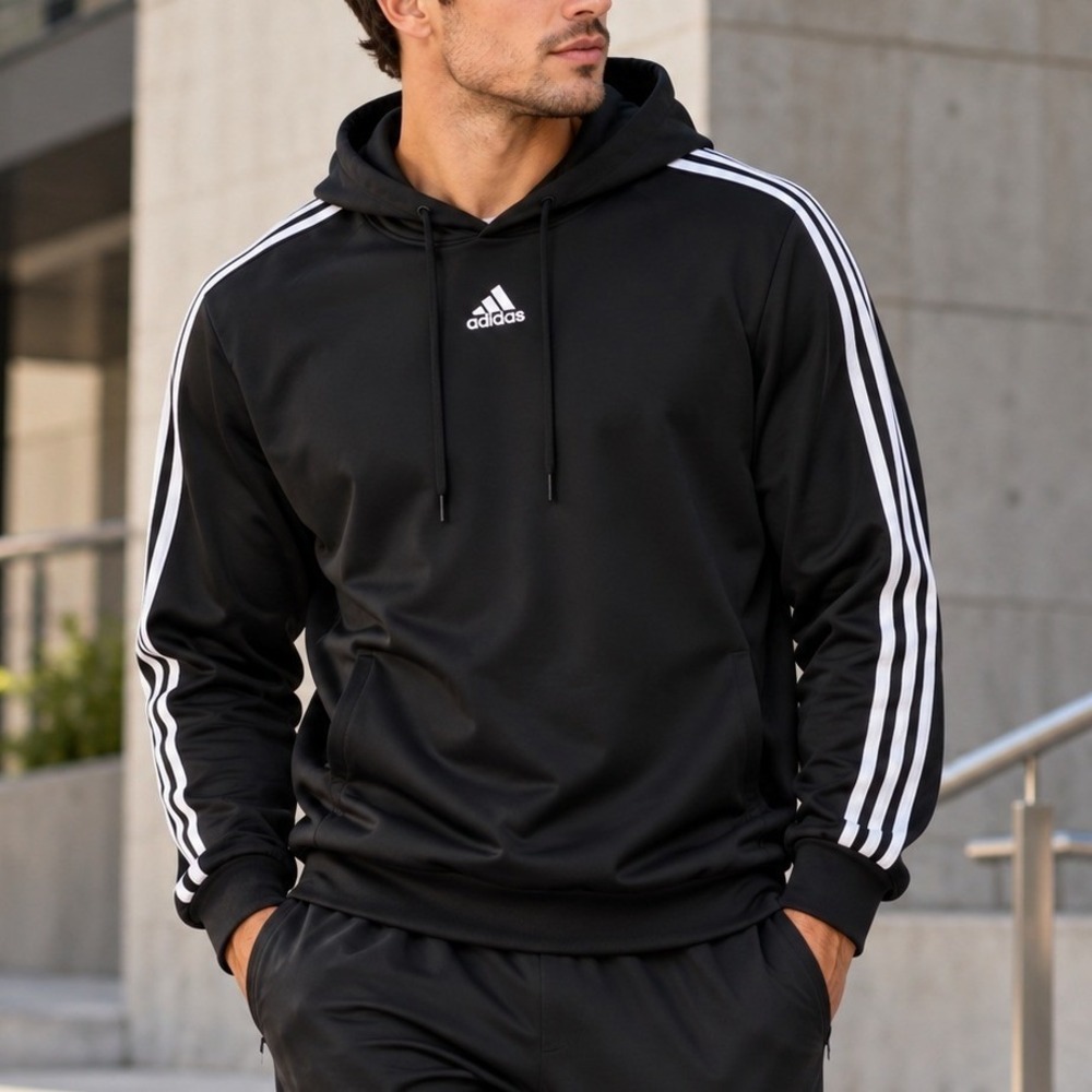 Adidas Mens Black 3 Stripe Performance Pullover Hoodie Athletic Sweatshirt Sport